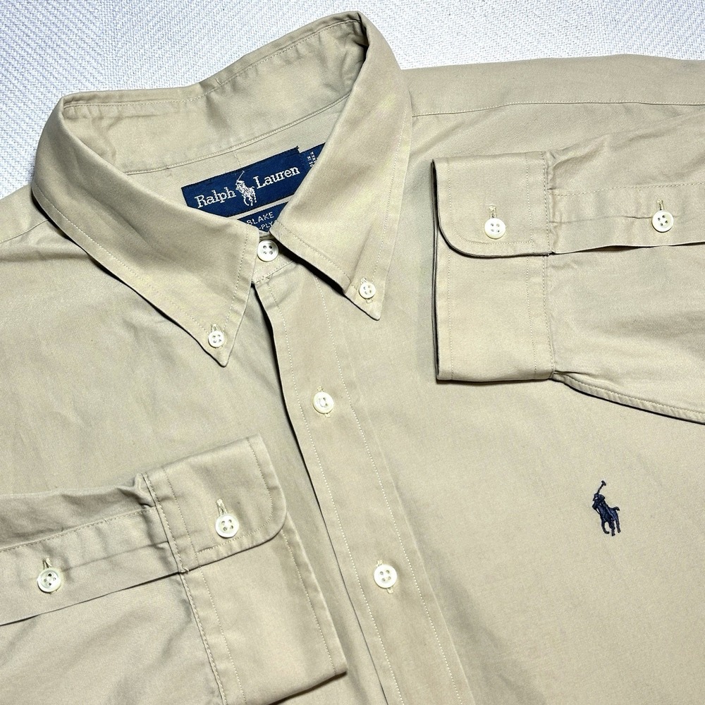 Ralph Lauren Button Down Shirt Mens XL Blake Tan Khaki Two-Ply‎ Cotton Navy Pony